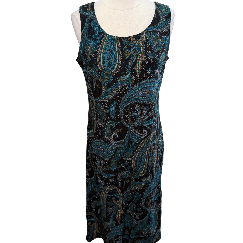 Sleeveless Paisley Midi Dress Teal‎ Blue Black Scoop Neck Stretch Knit L